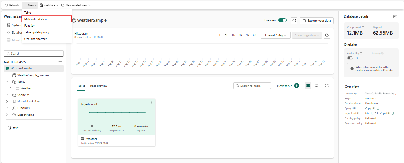 Captura de tela de uma página inicial do banco de dados KQL mostrando o menu suspenso Nova opção, com a opção intitulada Visualização materializada realçada.