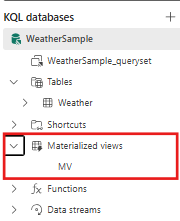 Captura de tela do painel Explorer mostrando as entidades do banco de dados no Real-Time Intelligence. A lista suspensa de visualizações materializadas é realçada.