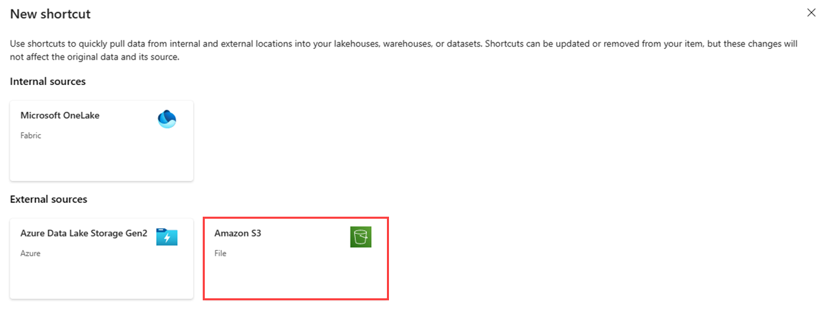 Captura de tela da janela Novo atalho mostrando os dois métodos para criar um atalho. A opção intitulada Amazon S3 é destacada.