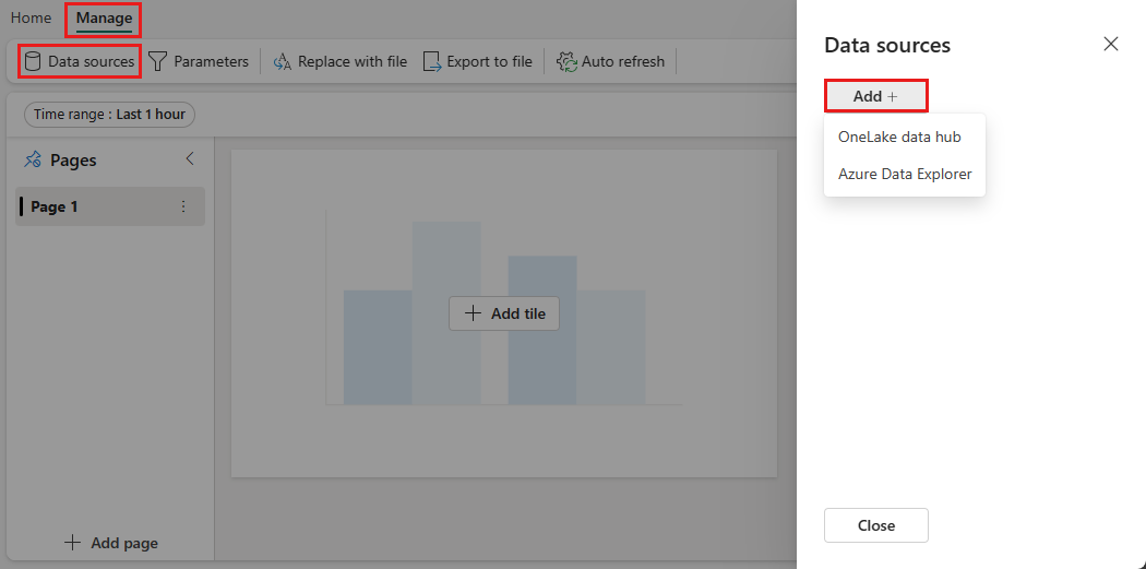 Captura de tela da adição de uma nova fonte de dados a um Painel em Tempo Real no Real-Time Intelligence no Microsoft Fabric.