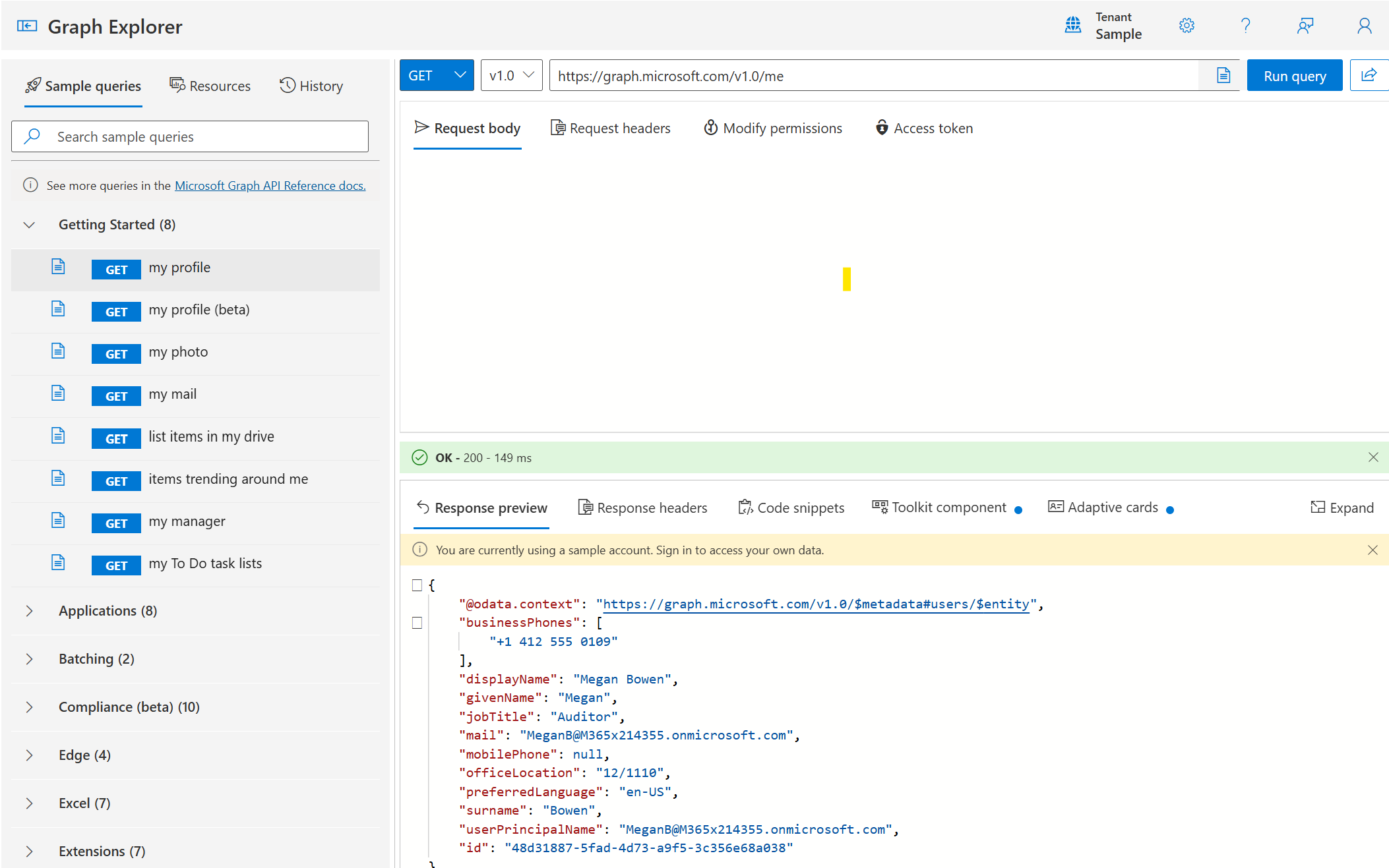 Captura de ecrã da IU do Graph Explorer, que apresenta os resultados devolvidos da consulta OBTER o meu perfil.