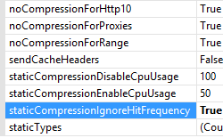 A captura de tela mostra a página do Editor de Configuração com True inserido para a opção estática Compression Ignore Hit Frequency.