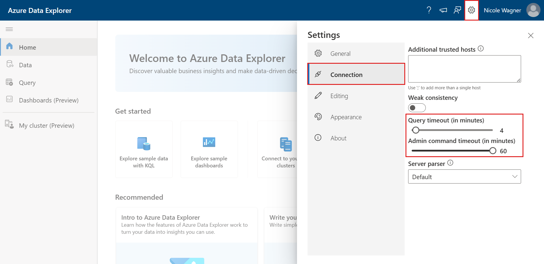 Captura de tela das configurações na interface de usuário da Web do Azure Data Explorer que controlam a duração do tempo limite.