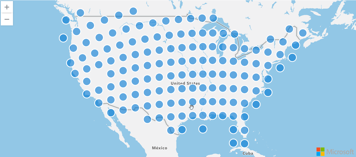 Captura de tela de exemplos de eventos de tempestade exibidos usando geojson.