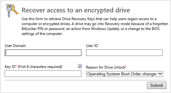 Página de recuperação do site bitLocker e monitorização do site