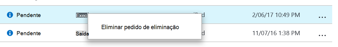 Captura de ecrã da lista de pedidos de eliminação no painel Eliminação seletiva de aplicações