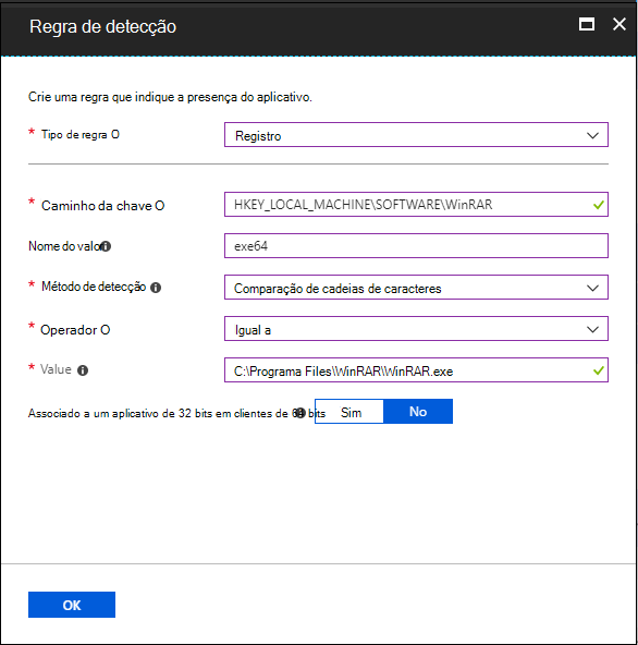 Captura de tela do painel da regra de detecção – a cadeia de caracteres do valor de registro é igual.