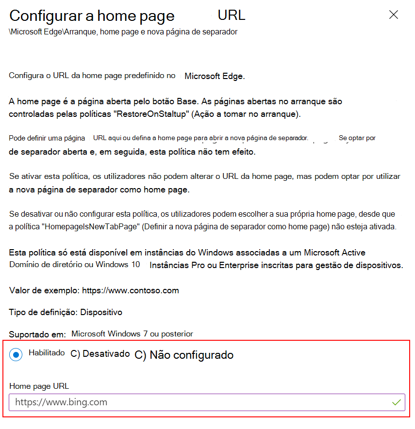 Captura de ecrã a mostrar a opção Definir o URL da home page do Microsoft Edge para um site com modelos ADMX no Microsoft Intune e Intune centro de administração.