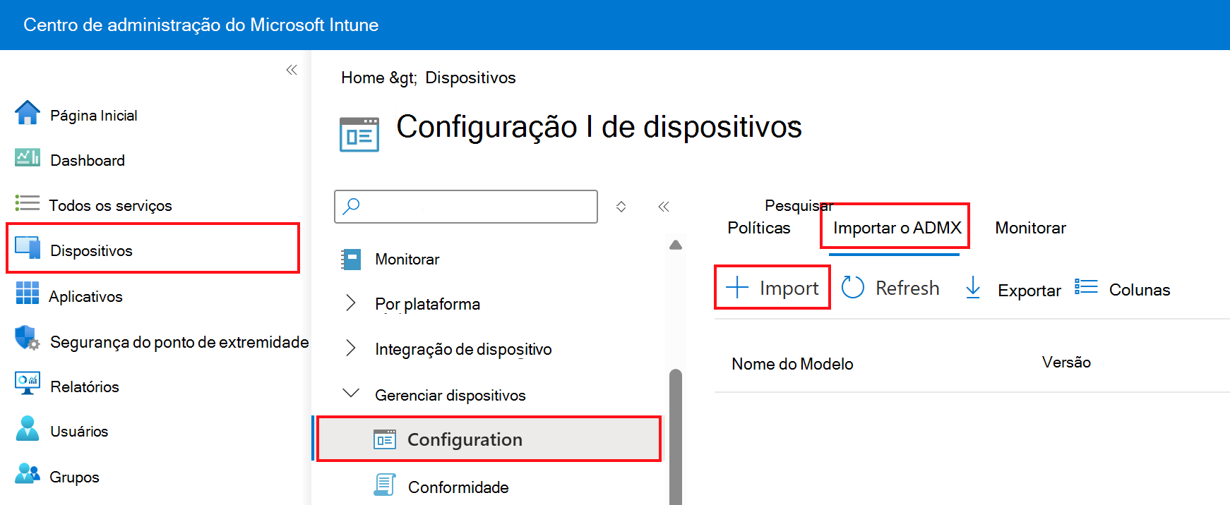 Captura de ecrã que mostra como adicionar ou importar ADMX e ADML personalizados. Aceda a Perfis de Configuração de Dispositivos >> Importar ADMX no centro de administração Microsoft Intune e Intune.