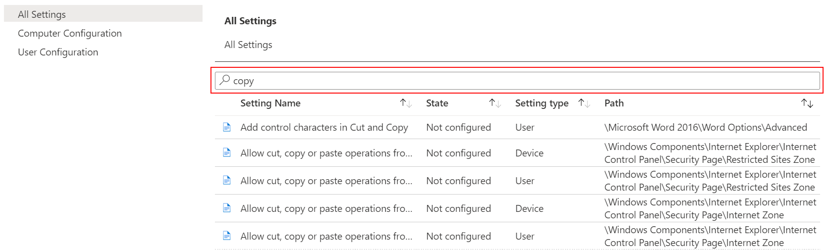 Procure por cópia para mostrar todas as configurações do dispositivo em modelos administrativos no Microsoft Intune e no centro de administração do Intune.