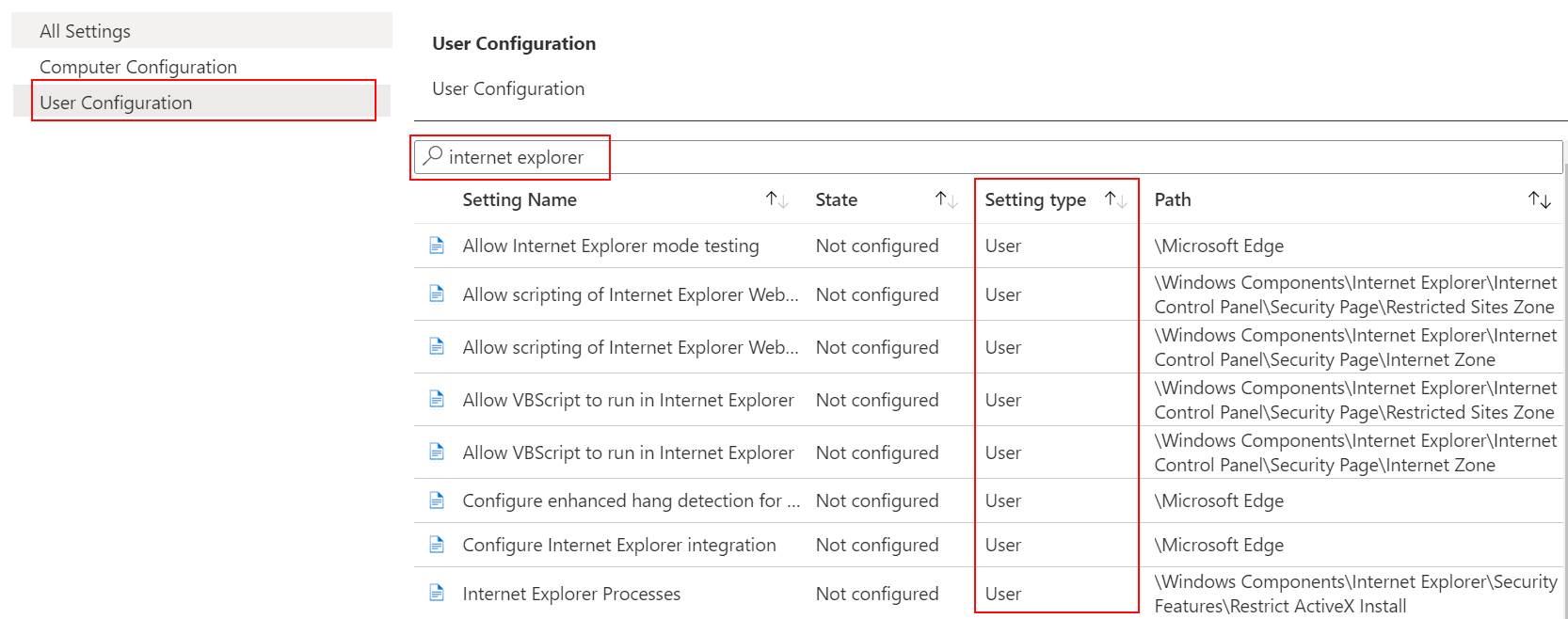 No modelo ADMX, selecione configuração do utilizador e procure ou filtre o Internet Explorer no Microsoft Intune.