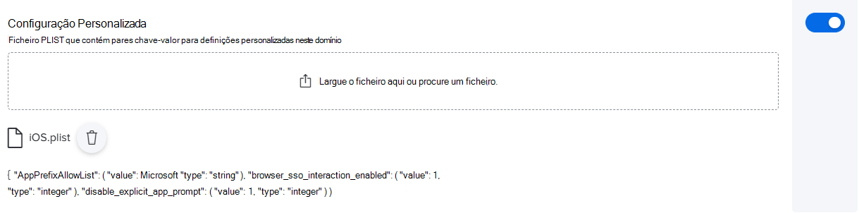 Captura de ecrã a mostrar uma configuração personalizada de exemplo com um ficheiro PLIST para o Jamf Pro.