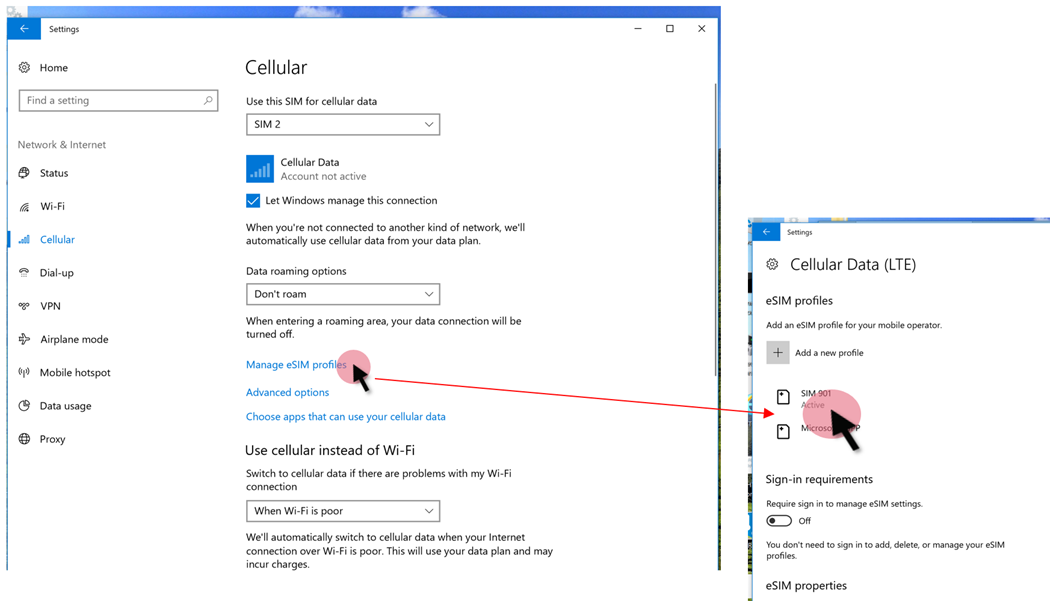 Exibir os perfis do eSIM nas configurações do dispositivo.