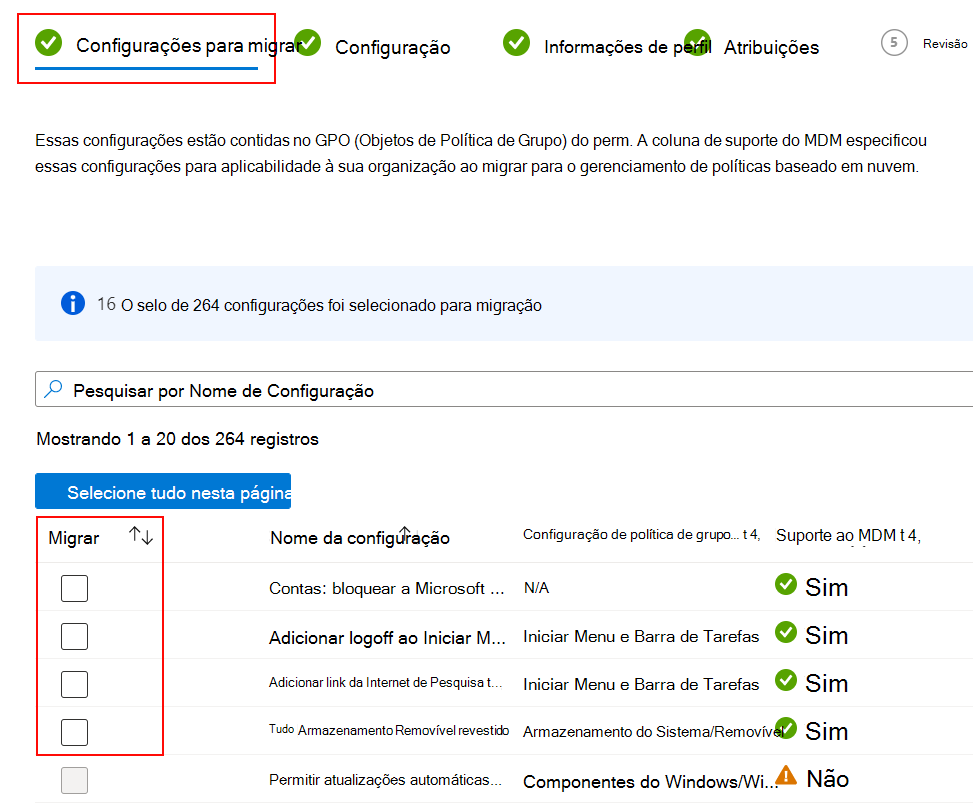 Captura de ecrã que mostra as definições a migrar e como selecionar a caixa de verificação Migrar no Microsoft Intune.