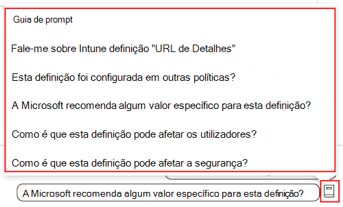 Captura de ecrã que mostra o guia de pedido de definições do Copilot e uma lista dos pedidos disponíveis no catálogo de definições no Microsoft Intune e no centro de administração do Intune.