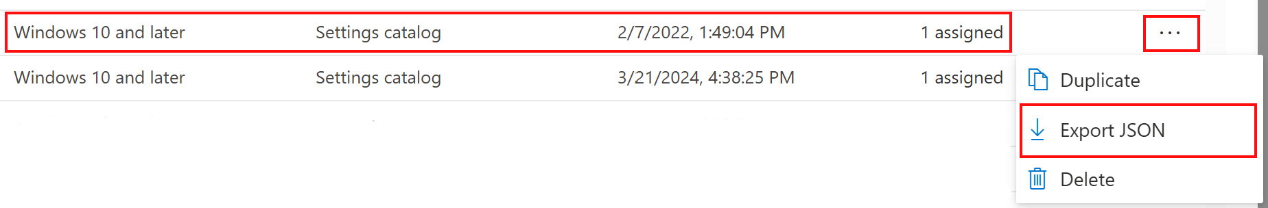 Captura de ecrã que mostra como exportar uma política de catálogo de definições como JSON no Microsoft Intune e no centro de administração do Intune.