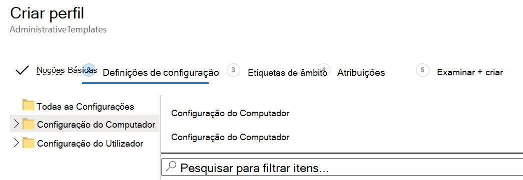 Captura de ecrã que mostra como aplicar definições de modelo ADMX a utilizadores e dispositivos no Microsoft Intune.