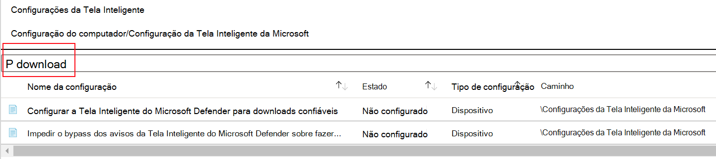 Captura de ecrã que mostra como filtrar as definições de política do Microsoft Edge SmartScreen num modelo Microsoft Intune ADMX.