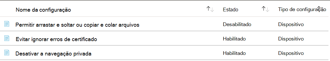 Captura de ecrã a mostrar que as definições do ADMX configuradas estão listadas na parte superior do Microsoft Intune.