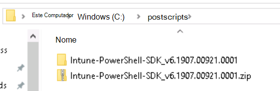 Captura de ecrã a mostrar o Intune estrutura de pastas do SDK do PowerShell após a extração.