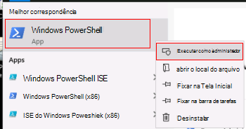 Captura de ecrã que mostra como executar Windows PowerShell como administrador.