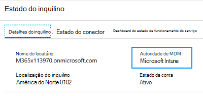 Captura de ecrã que mostra como definir a autoridade de MDM para Microsoft Intune no seu status de inquilino.