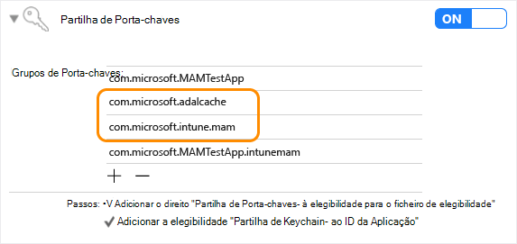 SDK da Aplicação Intune para iOS: partilha de keychain