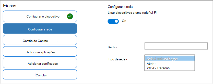 Captura de ecrã a mostrar a ativação de Wi-Fi, incluindo as opções SSID de Rede e Tipo de rede na aplicação Windows Configuration Designer