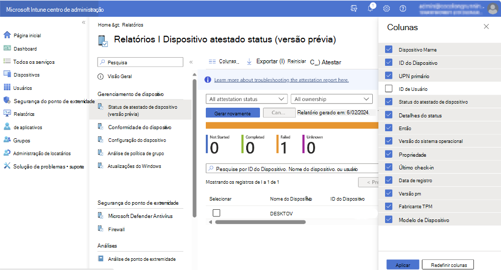 Captura de ecrã do relatório de atestado de dispositivos