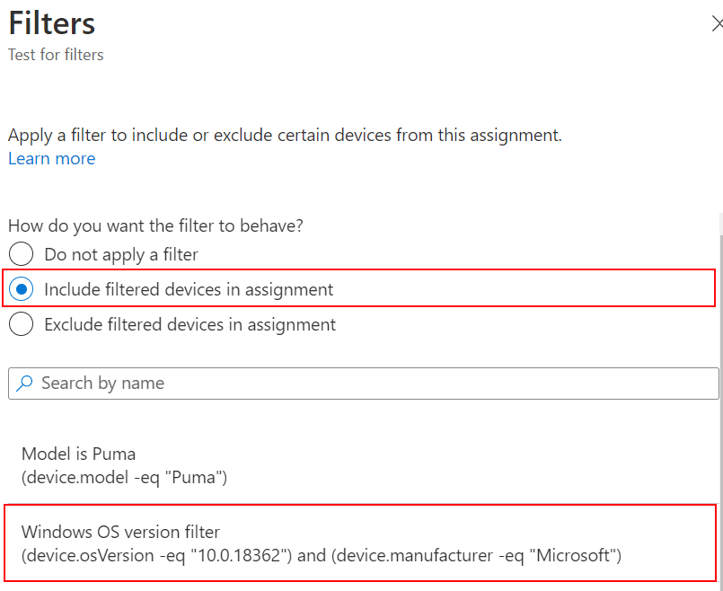 Captura de ecrã que mostra como incluir o filtro ao atribuir uma política no Microsoft Intune.