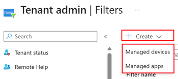 Captura de ecrã que mostra a seleção de Aplicações geridas ou Dispositivos geridos ao criar um filtro no centro de administração do Microsoft Intune.