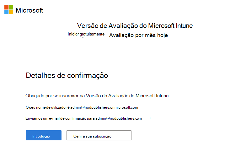 Captura de ecrã da página de configuração da conta do Microsoft Intune – Detalhes de confirmação