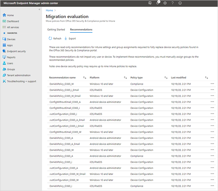 Captura de ecrã do exemplo de avaliação da migração no centro de administração do Microsoft Intune após a migração das políticas de Mobilidade e Segurança do Microsoft 365 Básico para Intune