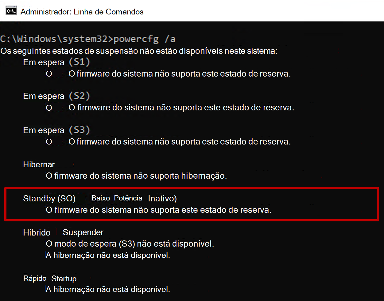 Captura de ecrã da linha de comandos a mostrar a saída do comando powercfg com o estado de Espera S0 indisponível.