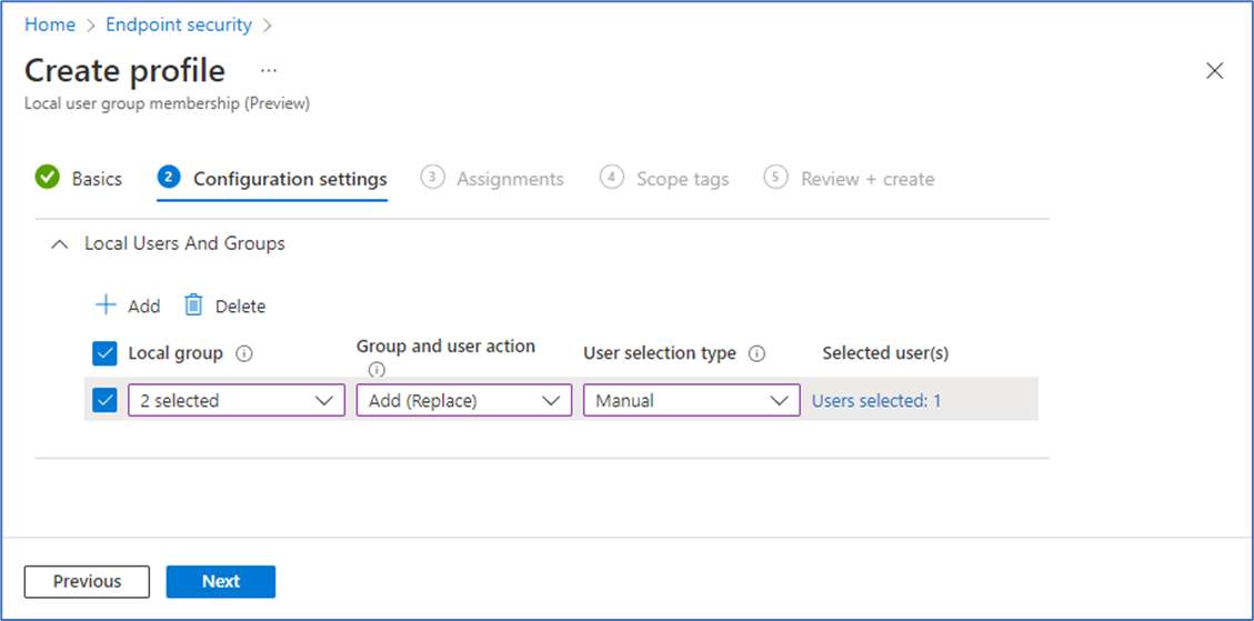 Captura de ecrã da página Definições de configuração para configurar o perfil.