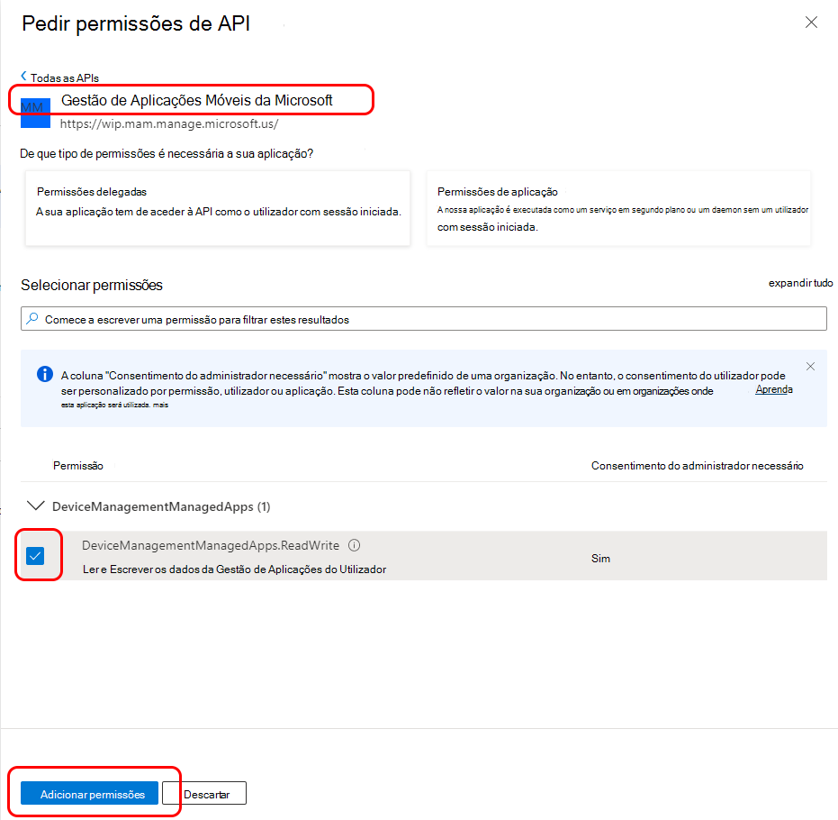 Configurar permissões de API para a Gestão de Aplicações Móveis da Microsoft.