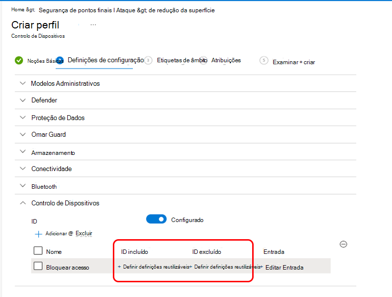 Captura de ecrã a mostrar o painel Selecionar Definições reutilizáveis para perfis de controlo de dispositivos.