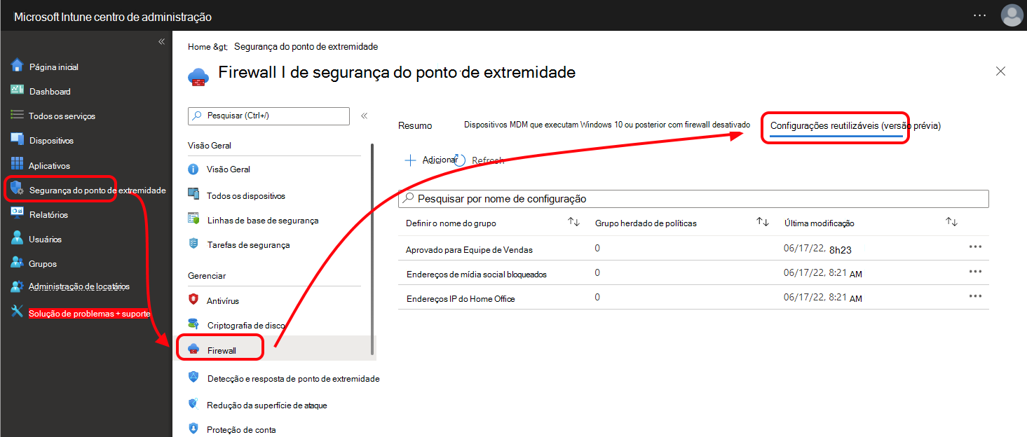 Captura de ecrã a mostrar o separador Definições reutilizáveis para Políticas de firewall no centro de administração do Microsoft Intune.