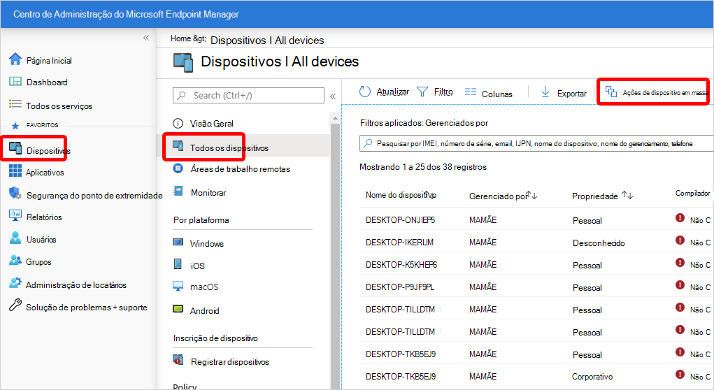 Ações de dispositivos em massa