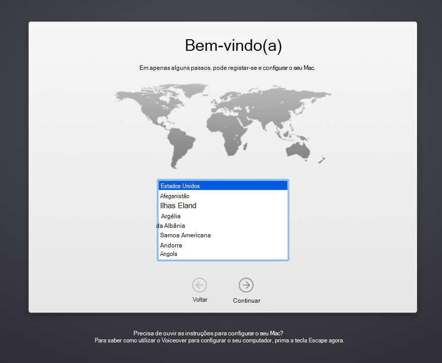 Captura de ecrã a mostrar o ecrã de Boas-vindas do Assistente de Configuração do dispositivo macOS, com uma lista de idiomas a selecionar.