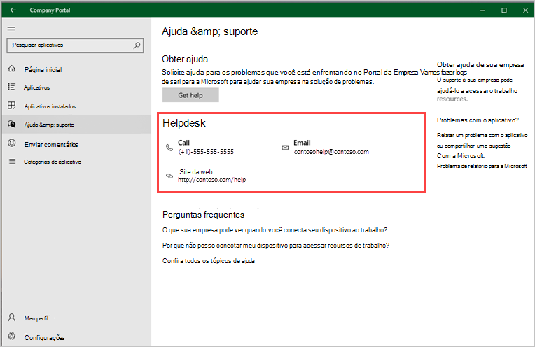 Captura de ecrã da aplicação Portal da Empresa para Windows, página Ajuda & Suporte, com destaque para a secção Suporte Técnico.