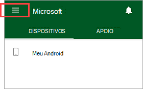 Captura de ecrã a mostrar Portal da Empresa aplicação, a realçar o botão de menu.