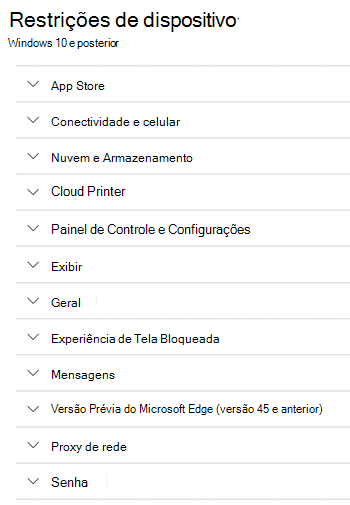 Todas as definições de restrições de dispositivos para dispositivos Windows no Microsoft Intune.