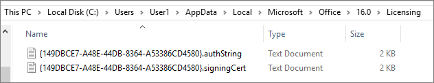 Captura de ecrã do caminho do ficheiro a mostrar os ficheiros de licenciamento do Office na pasta AppData local.