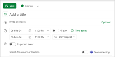 Captura de ecrã da interface de criação de eventos do calendário do Outlook. Mostra opções para adicionar um título, convidar participantes, definir a data de 6 de fevereiro de 2024, das 23:00 às 23:30, marcar como um evento presencial e inserir uma reunião do Teams.