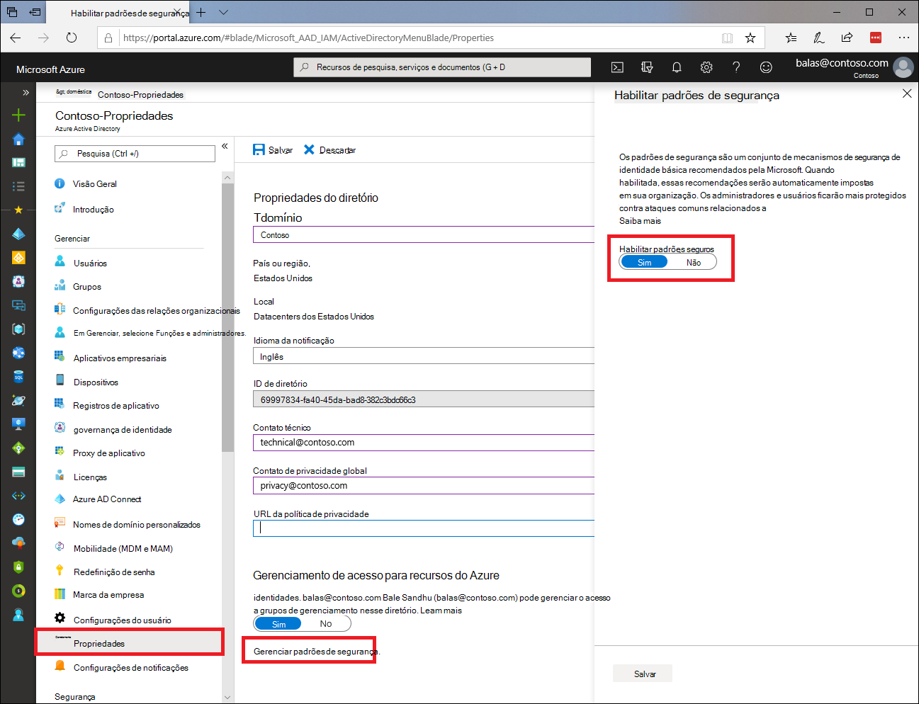 Captura de ecrã do portal do Azure com o botão de alternar para ativar as predefinições de segurança.