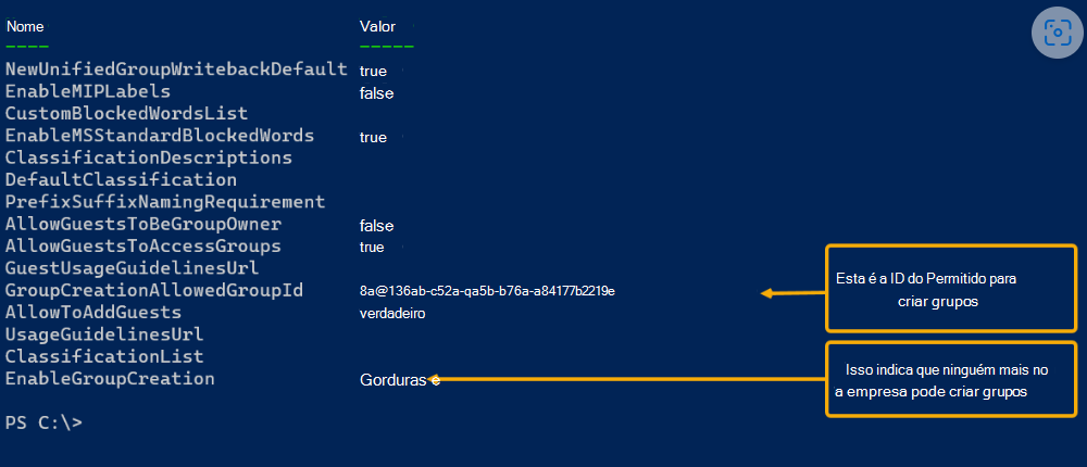 Captura de ecrã a mostrar a saída do script do PowerShell.