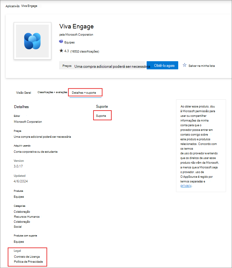 Captura de ecrã a mostrar como encontrar informações de suporte de aplicações no site do AppSource.