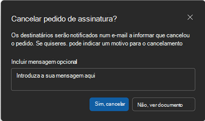 Captura de ecrã a mostrar o ecrã de confirmação Cancelar pedido de assinatura.