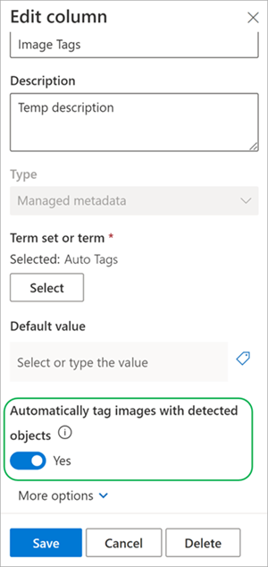 Captura de ecrã a mostrar o painel Definições de coluna da coluna Etiquetas de Imagem.